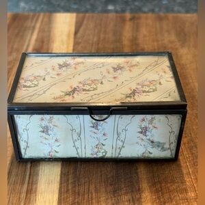 Vintage Floral Glass Brass Box Display Jewelry Trinket Box Vanity Cottage Core